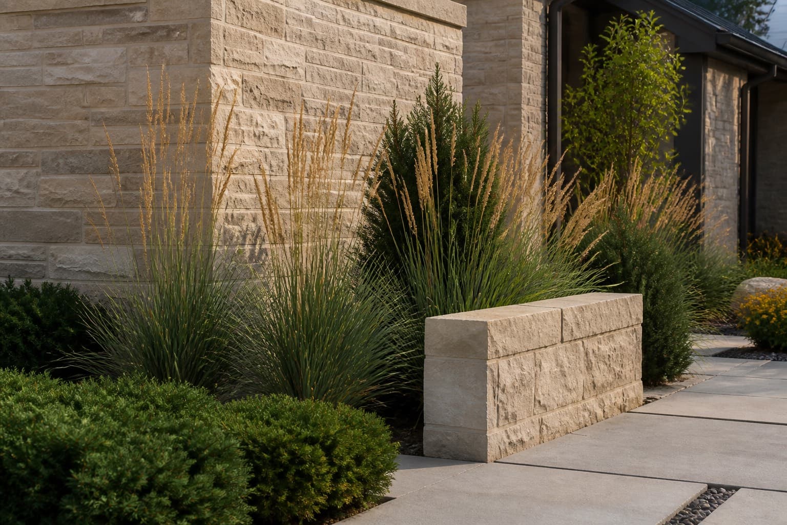 Residential garden path and stone wall in a southern Ontario setting. Architectural illustration only; not a Five Oaks rendering.